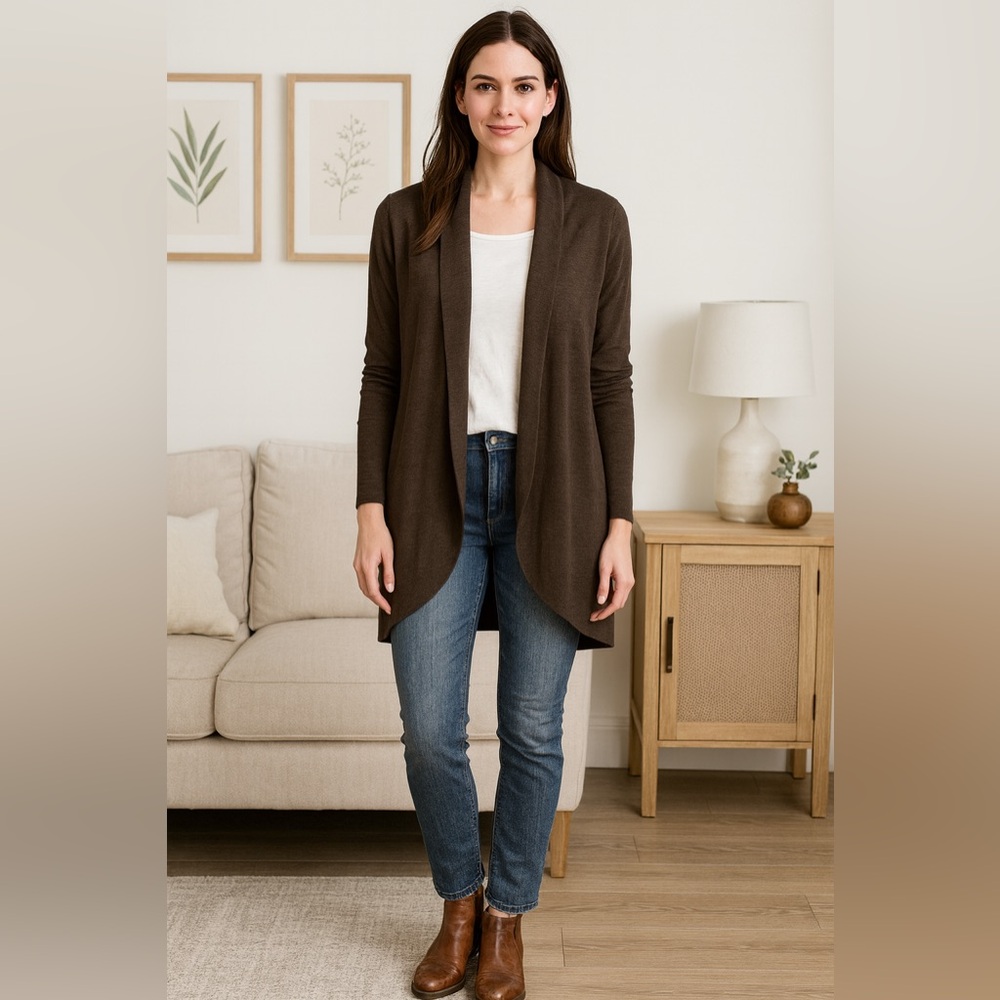 Eileen Fisher Merino Wool Dark Brown Musel Long Oval Cardigan Size Large